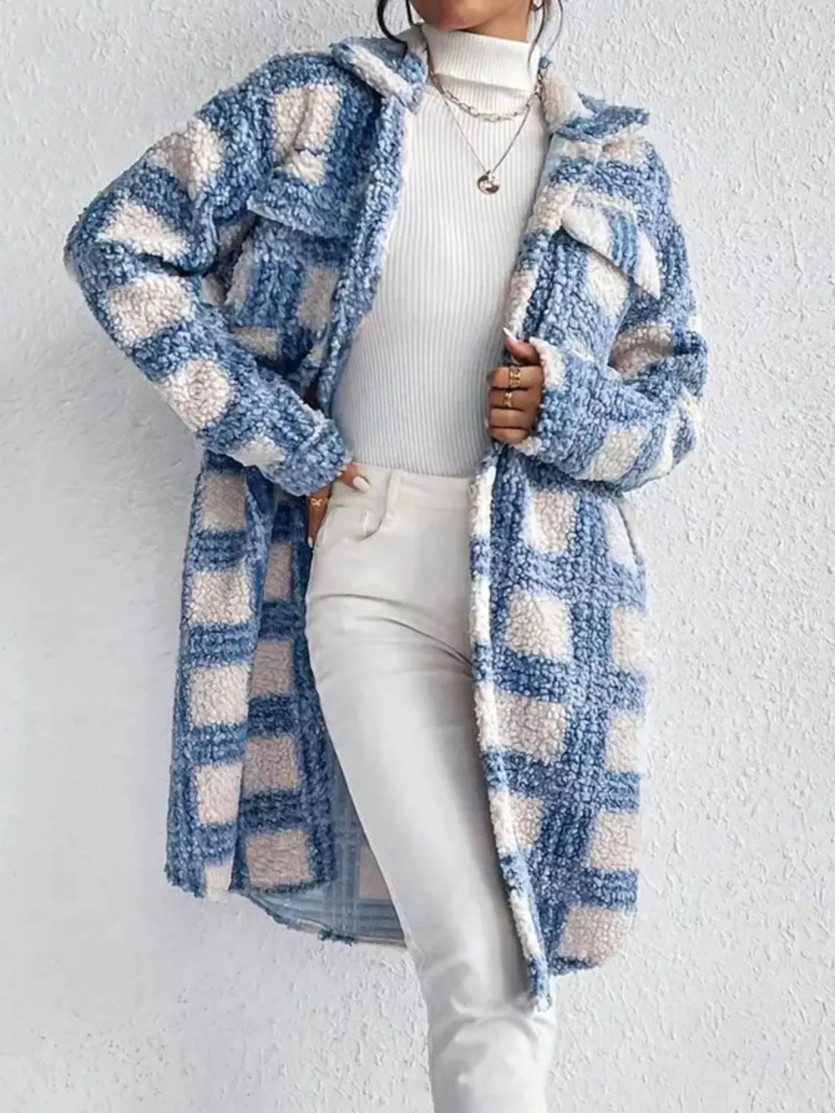 Plaid Button Up Long Sleeve Fleece Coat
