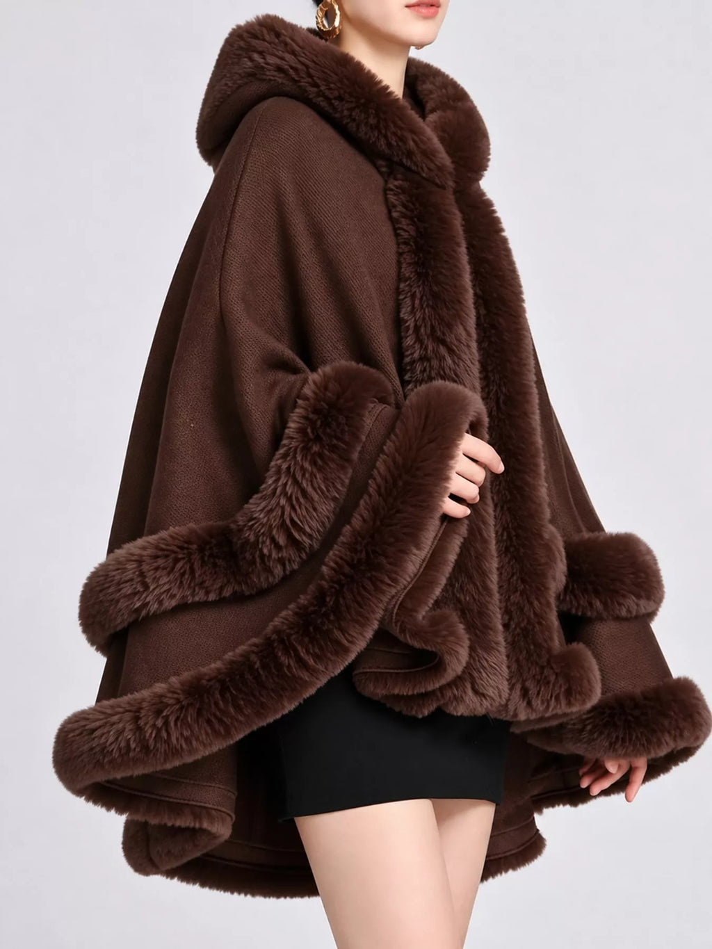 Faux Fur Trimmed Hooded Cape