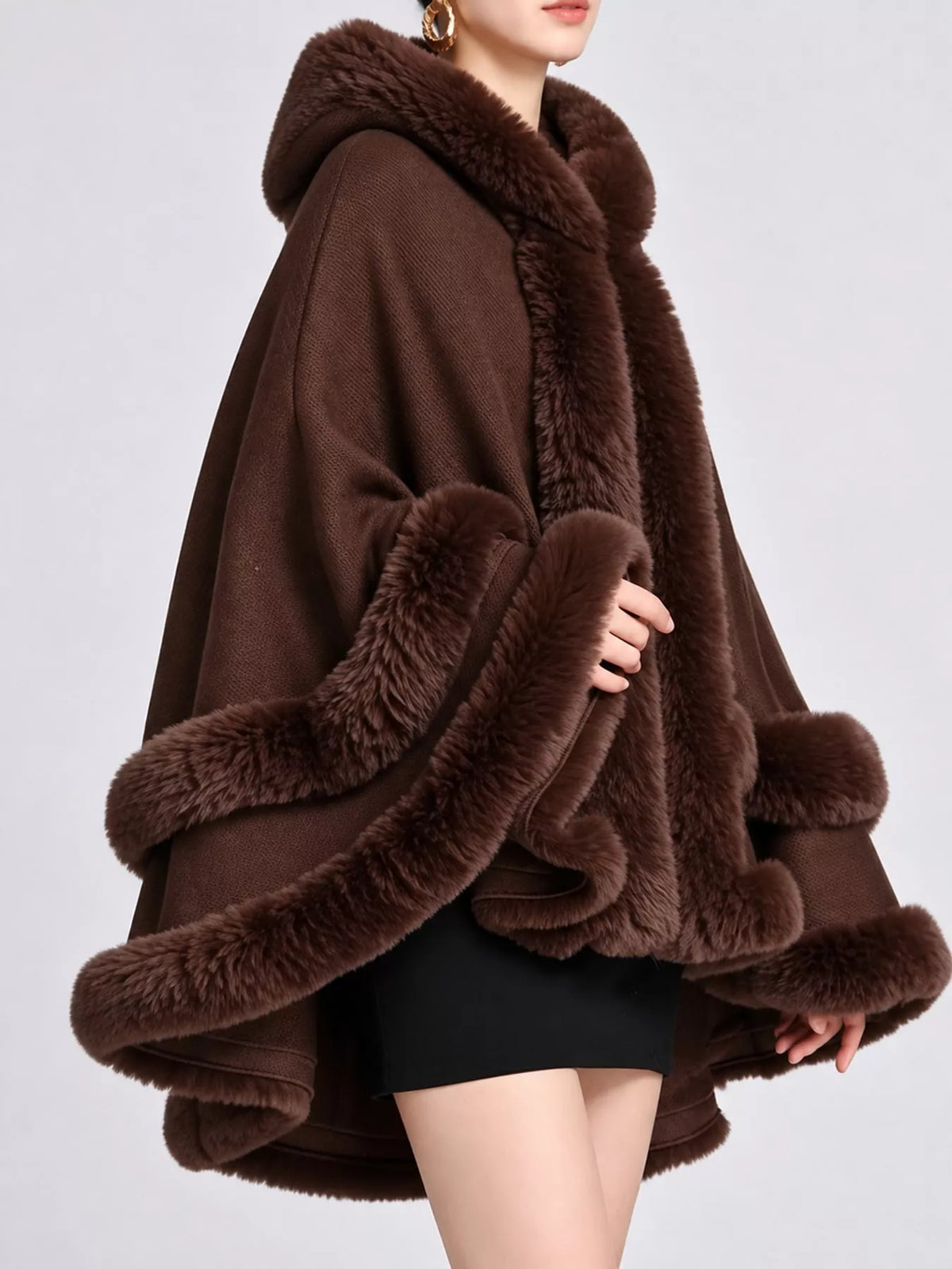 Faux Fur Trimmed Hooded Cape