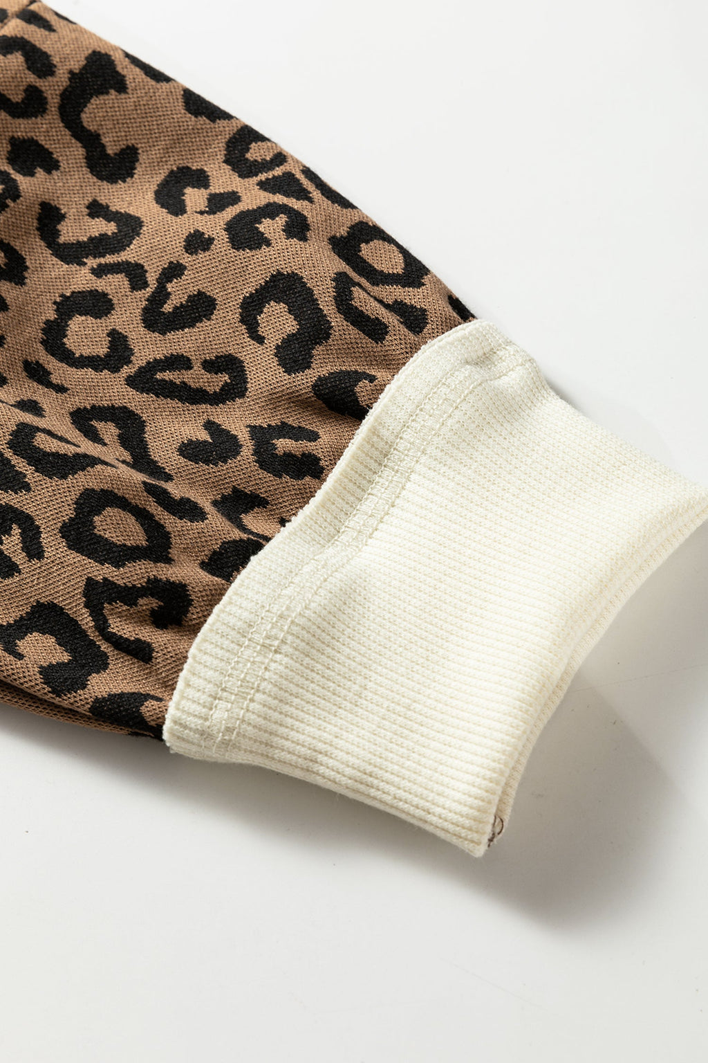 Beige Raw Seam Color Block Leopard Patchwork Baggy Long Sleeve Top