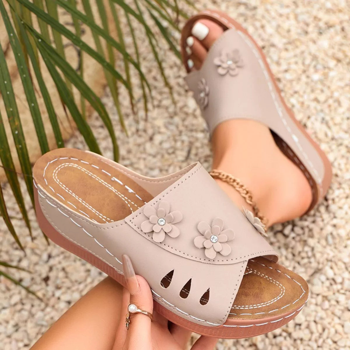Comfortable Wedge Sandals with Floral Embellishments