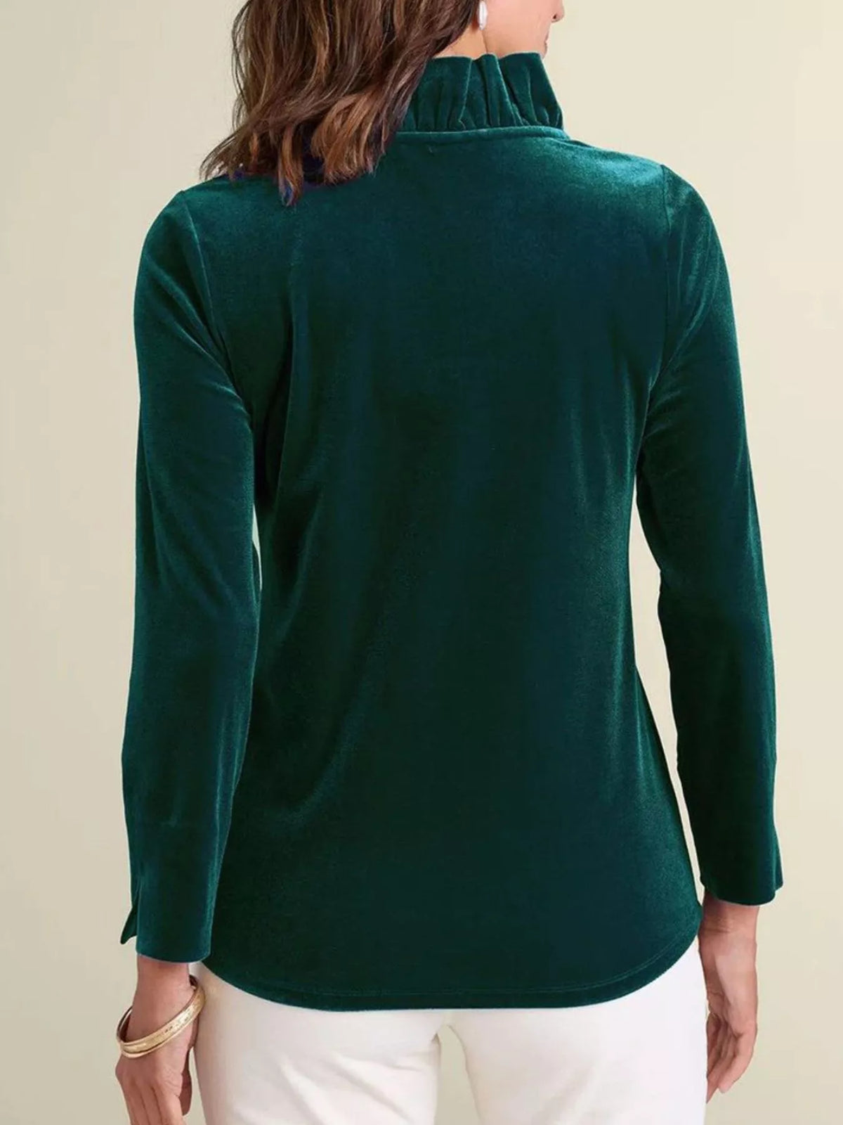 Velvet Long Sleeve Blouse with Ruffled V-Neck