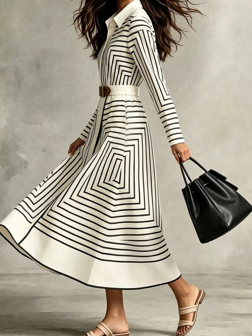 Geometric Striped Midi Shirt Dress