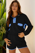 Black Color Block Patchwork Half Button Pullover and Shorts 2pcs Outfit