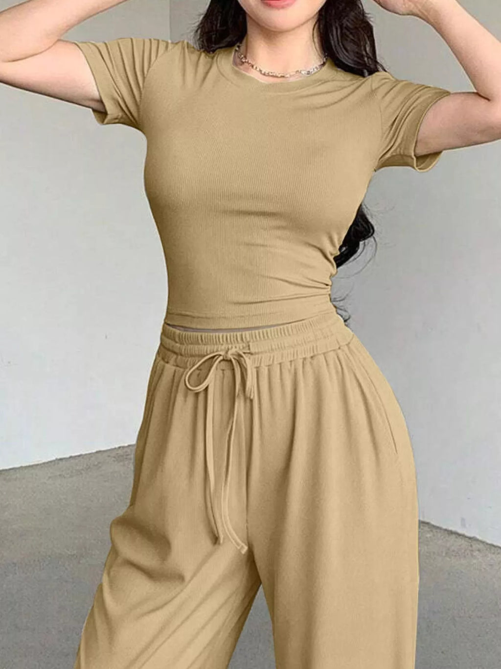 Solid Color Short Sleeve Crop Top and Wide Leg Pants Set