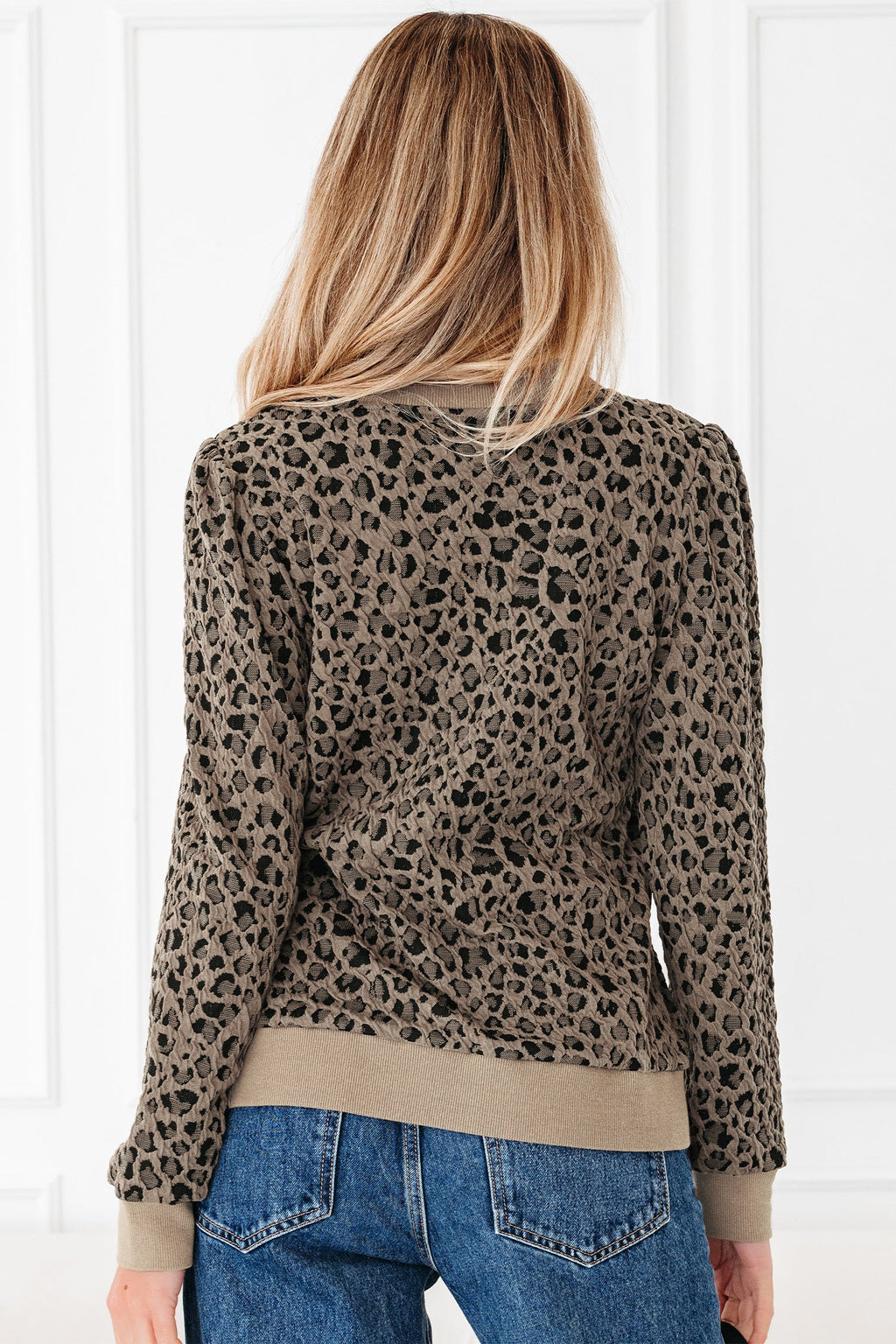 Leopard Ribbed Trim Long Sleeve Top