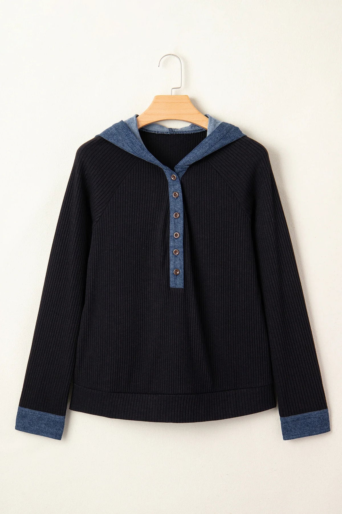 Ribbed Knit Contrast Denim Patchwork Hooded Top