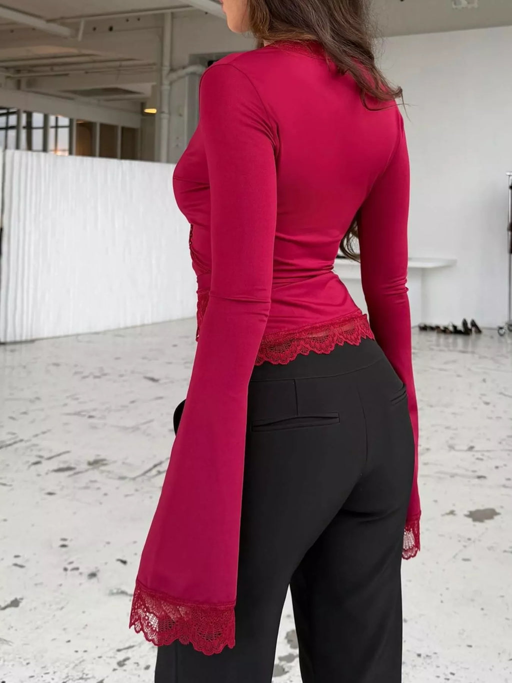 Lace-Trimmed Long Sleeve Wrap T-Shirt