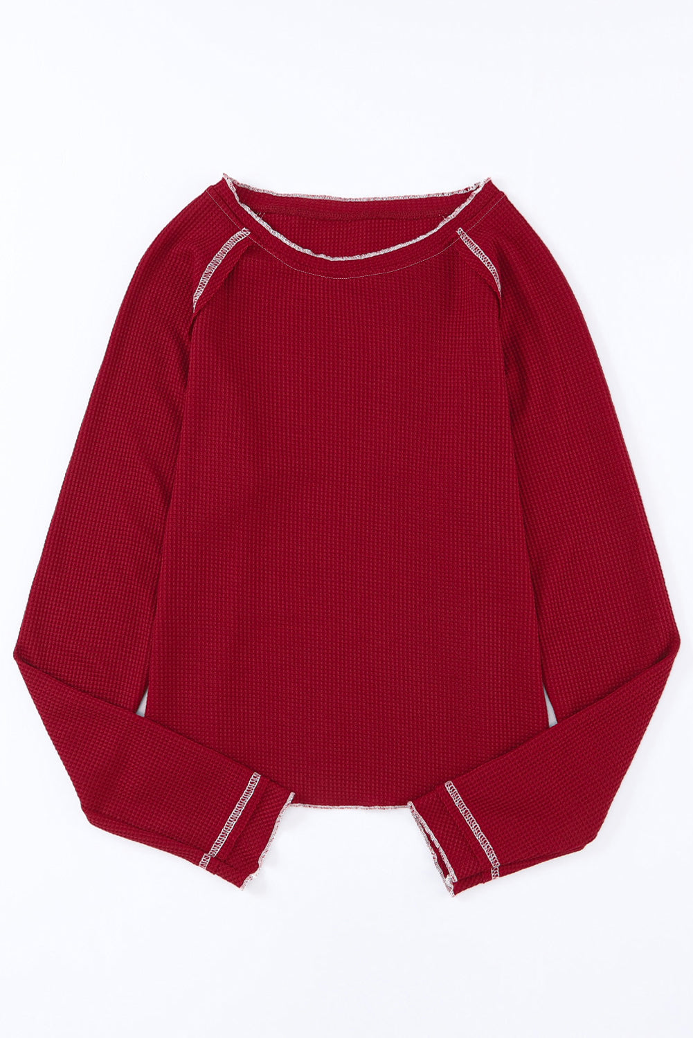 Solid Waffle Knit Round Neck Long Sleeve Top