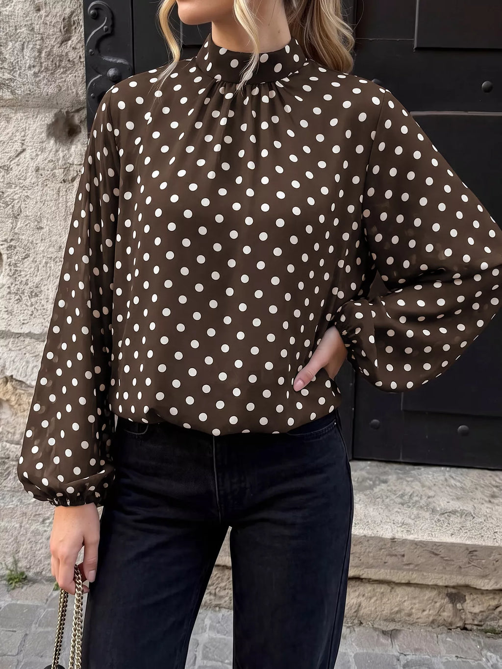 Polka Dot Mock Neck Long Sleeve Blouse