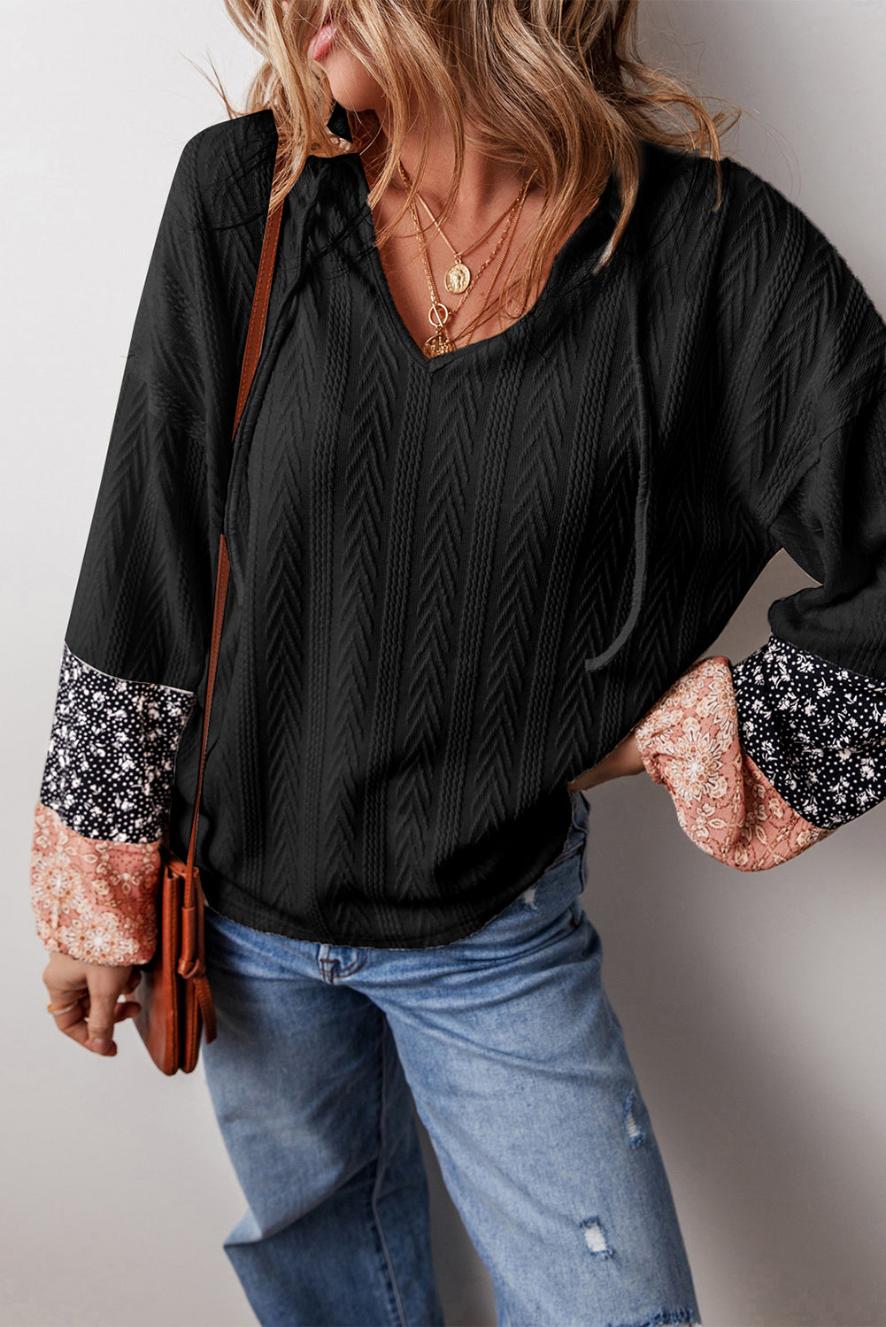 Floral Patchwork Textured Knit V-Neck Blouse