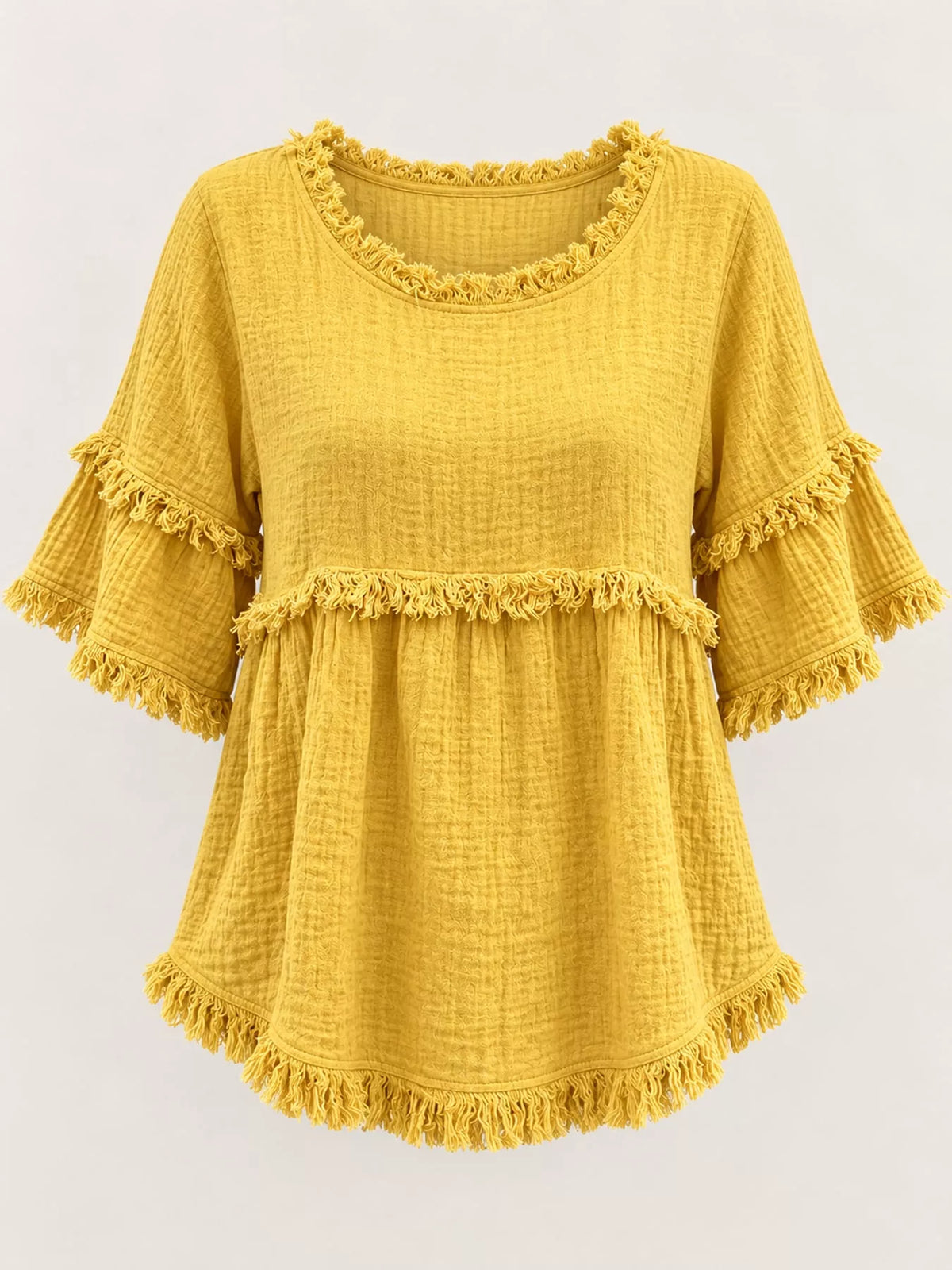 Full Size Frayed Edge Textured Blouse Plus Size