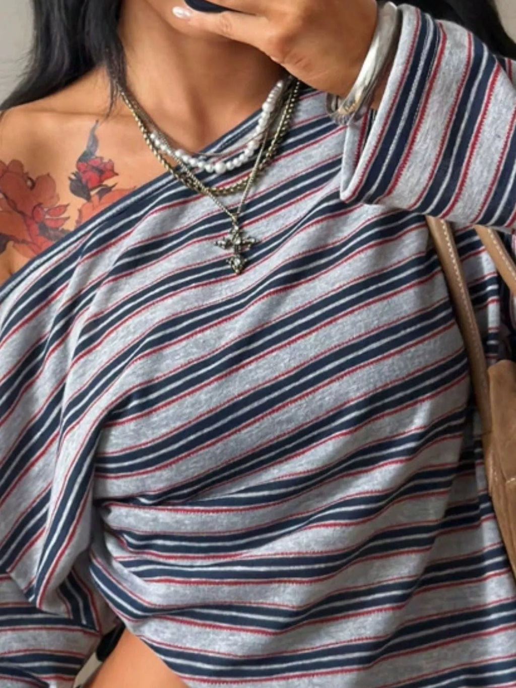 Off-Shoulder Striped Long Sleeve T-Shirt