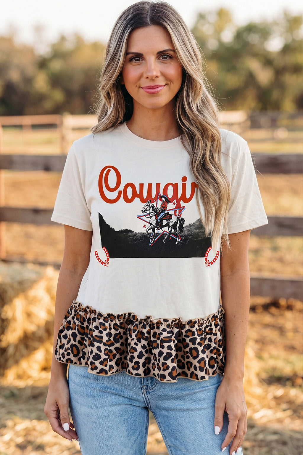 White Retro COWGIRL Print Leopard Ruffle Hem Patchwork T Shirt