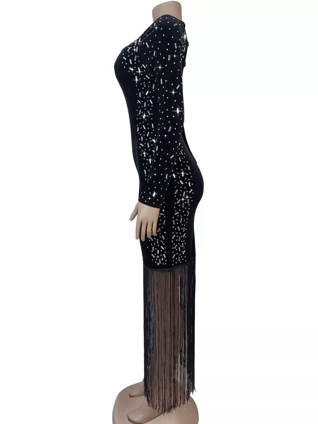 Asymmetrical Rhinestone Fringe Dress