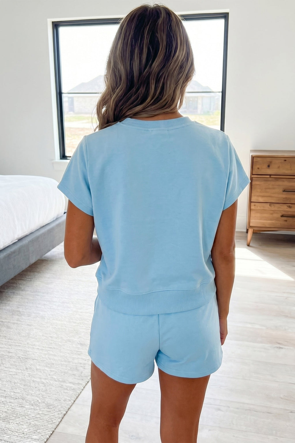 Mist Blue Solid Color Loose Tee Drawstring Shorts 2pcs Outfit