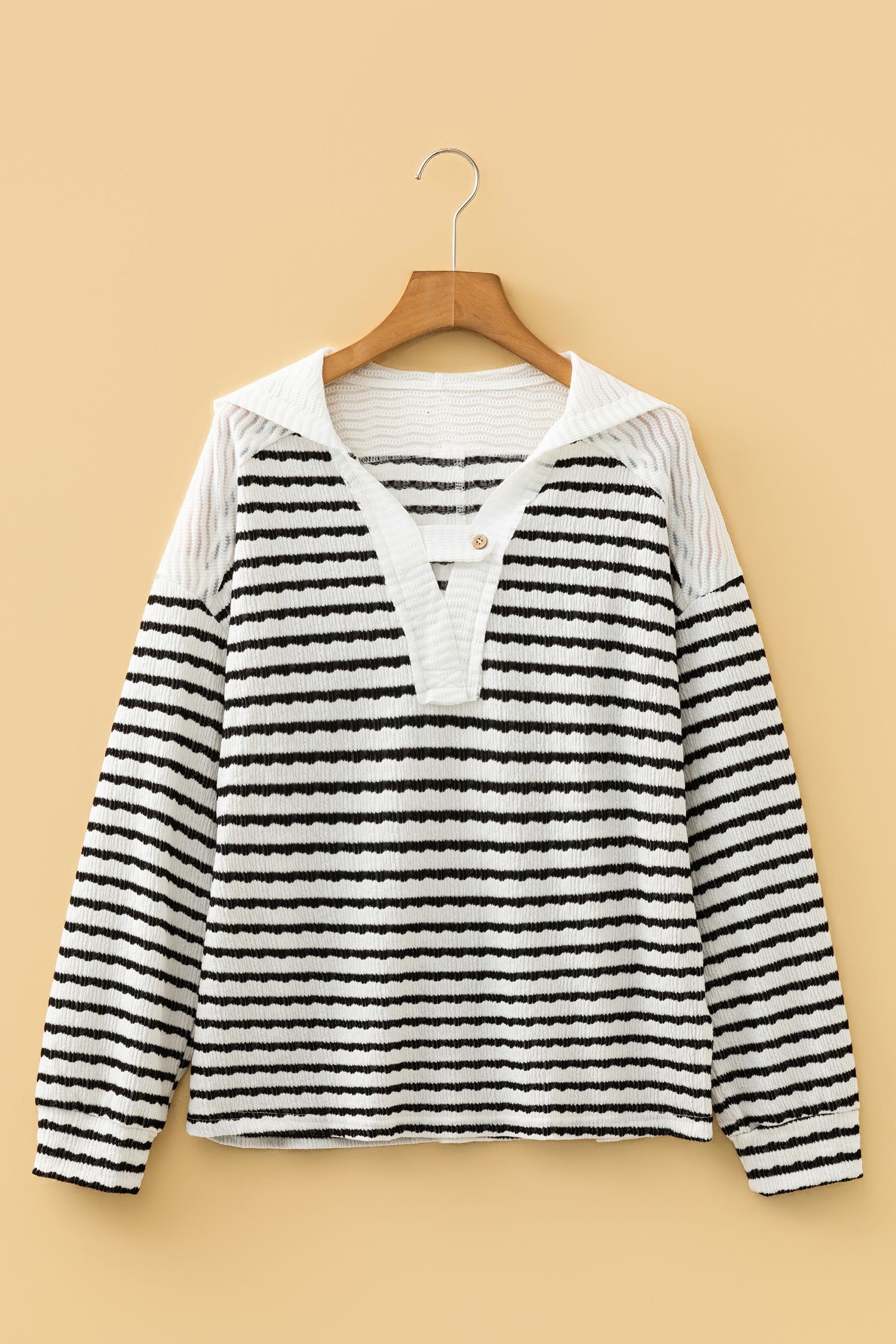 Black Stripe Textured Hooded V Neck Casual Long Sleeve Top