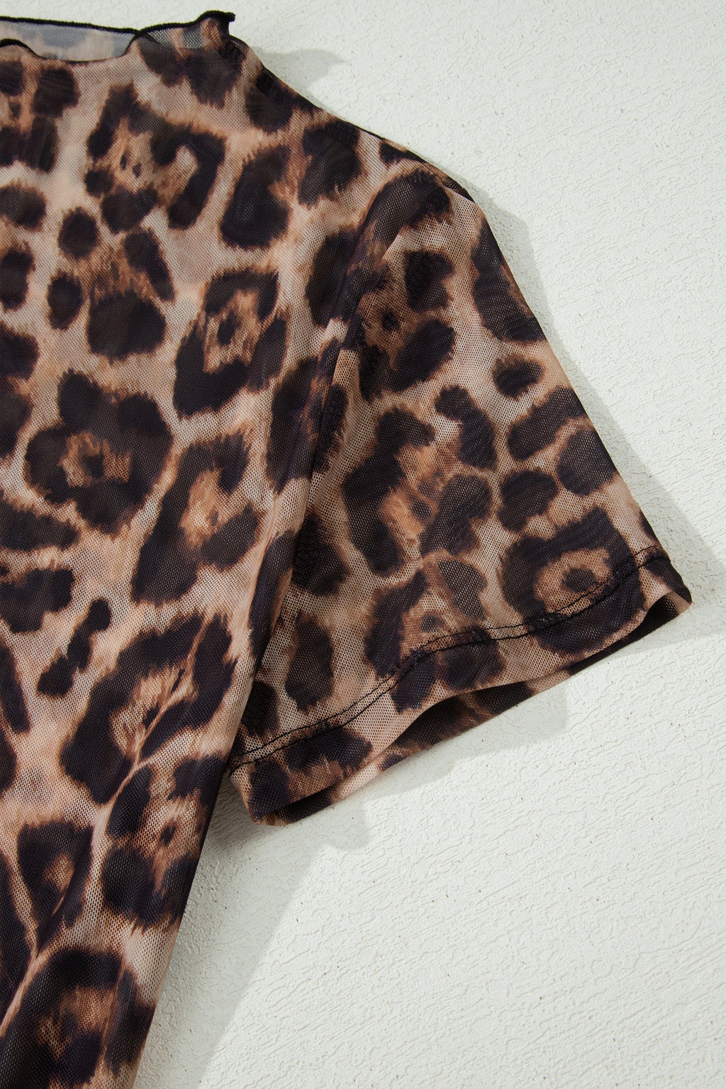 Camel Leopard Printed Mesh Short Sleeve Top