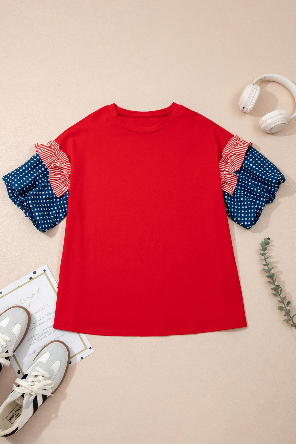 Fiery Red Plus Size Striped Ruffles Star Short Bubble Sleeve Patchwork Top