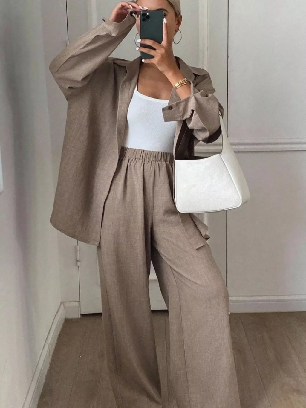 Button-Down Shirt and Wide-Leg Pants Set