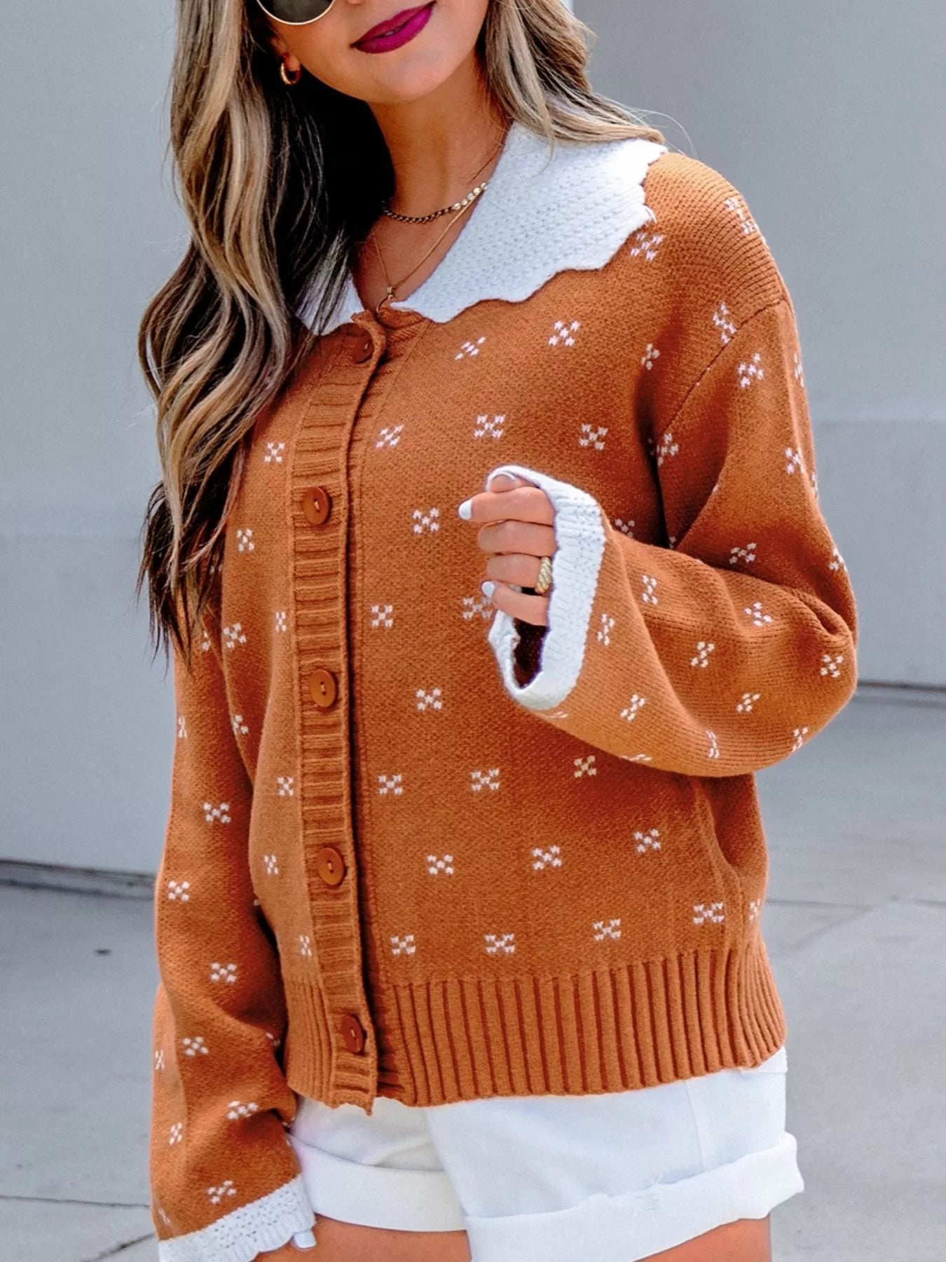 Peter Pan Collar Colorblock Long Sleeve Knitwear Cardigan