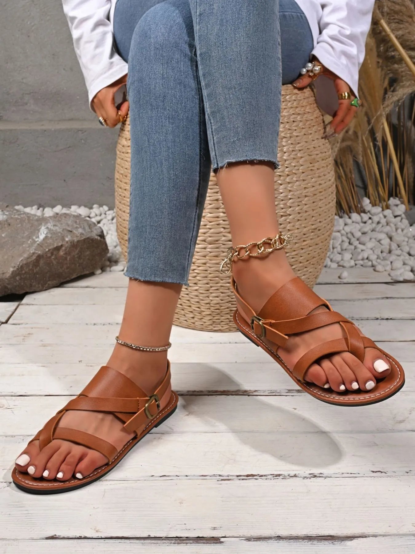 Leather Buckle Flat Sandals