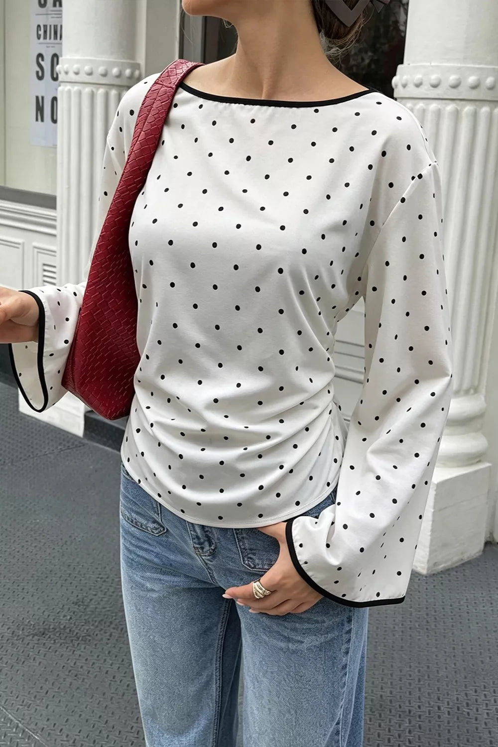 Polka Dot Flare Sleeve Blouse