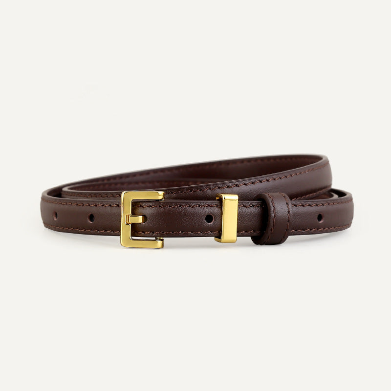 Skinny Leather Belt with Golden Buckle