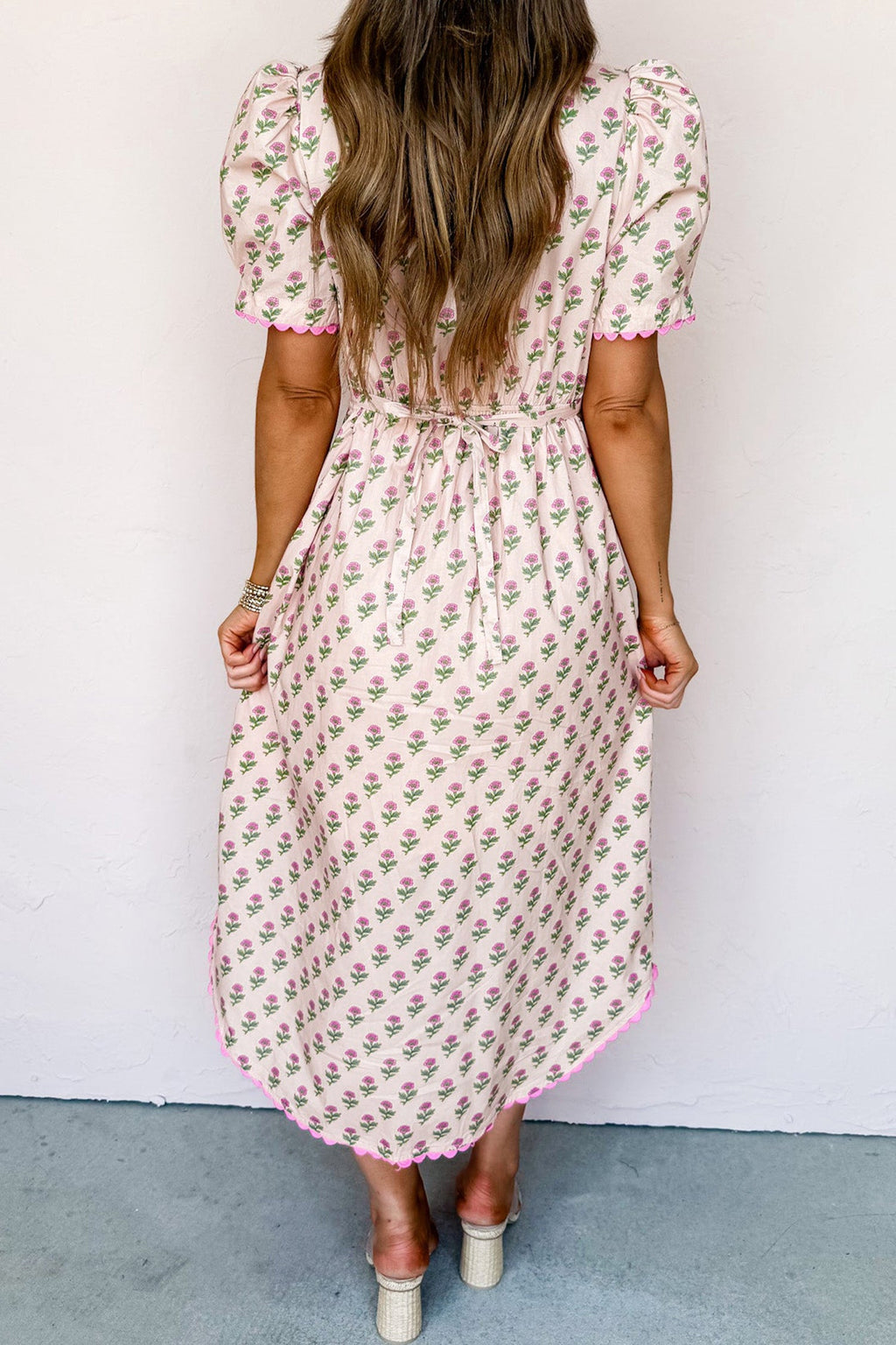 Pink Floral Print V Neck Scallop Trim Button Front Short Sleeve Long Dress