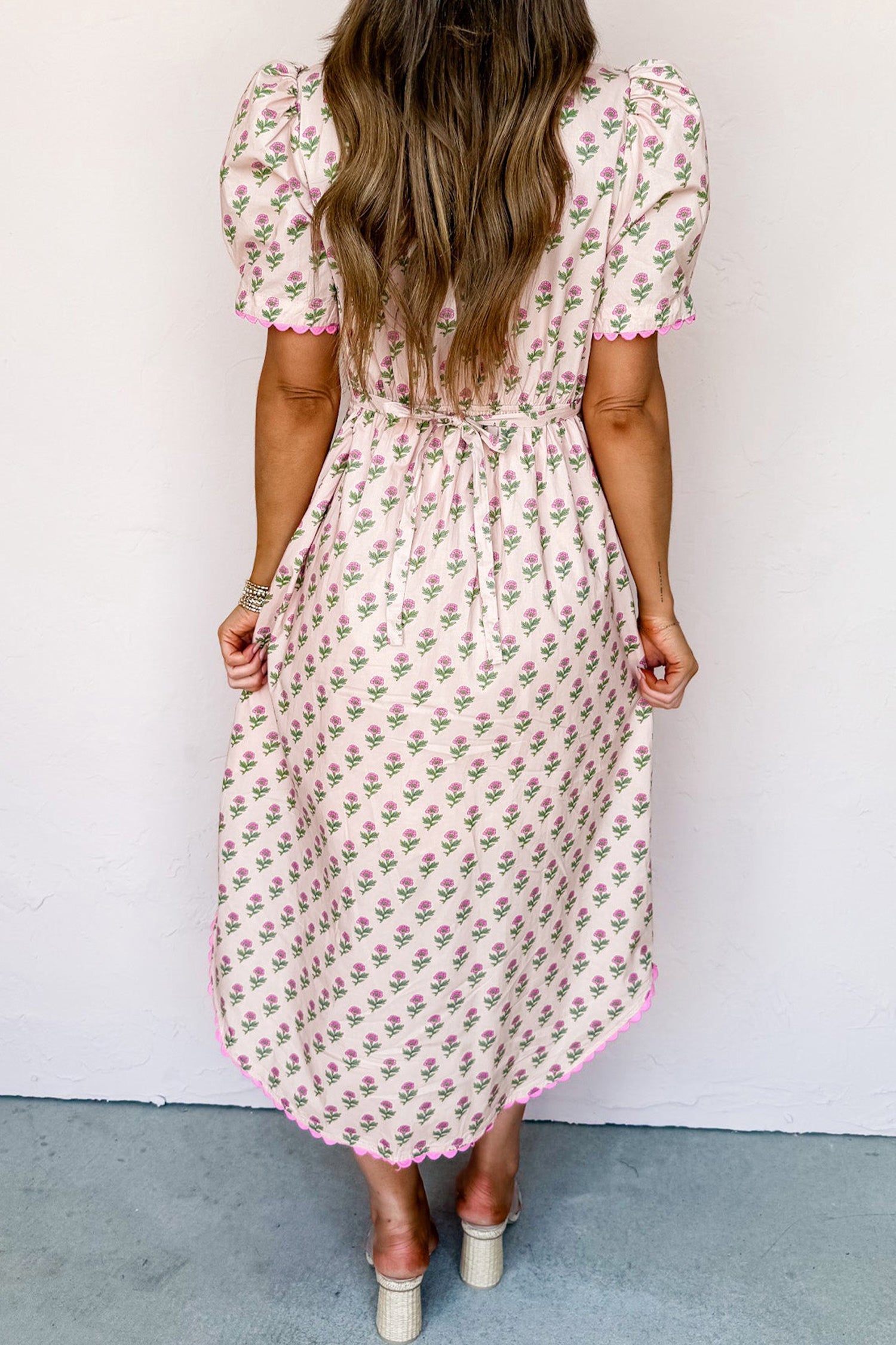 Pink Floral Print V Neck Scallop Trim Button Front Short Sleeve Long Dress
