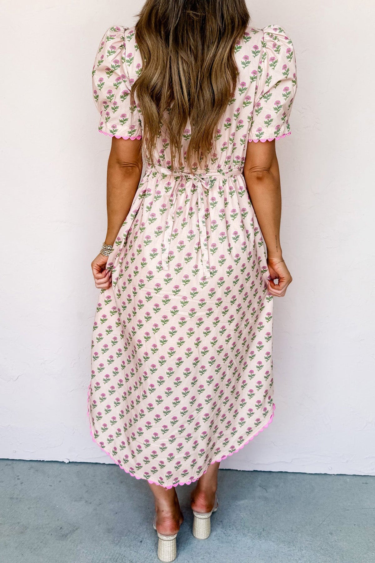 Floral Scallop Trim V-Neck Button Front Maxi Dress