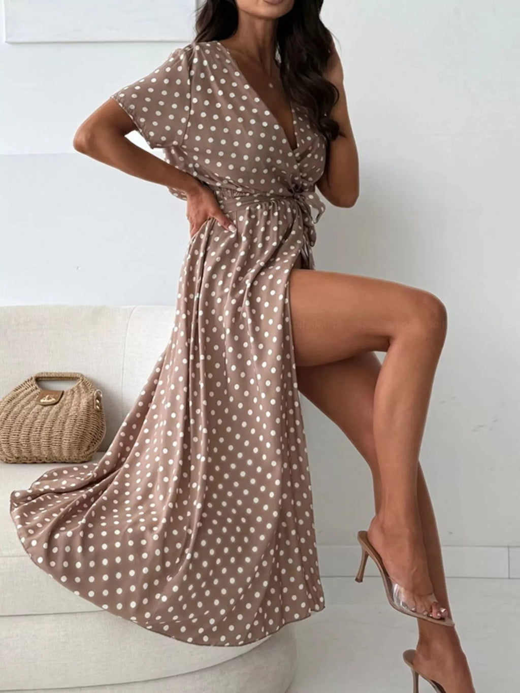Polka Dot Surplice Maxi Dress with Slit