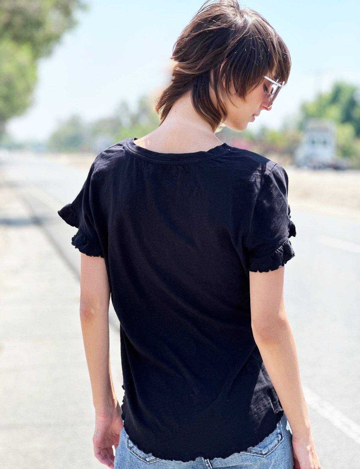 Everyday Ruffle V-Neck Tee - Black