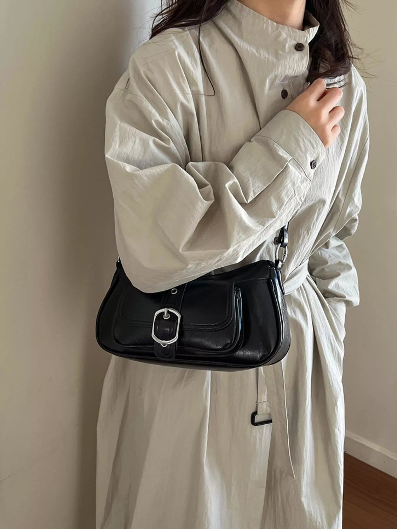 Buckle Detail Faux Leather Crossbody Bag