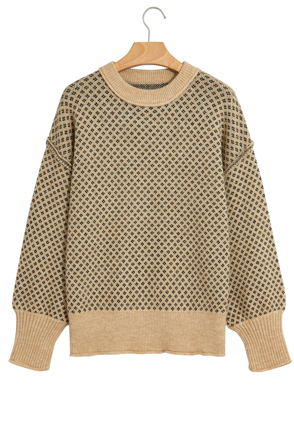 Khaki Geometric Print Drop Shoulder Round Neck Long Sleeve Sweater