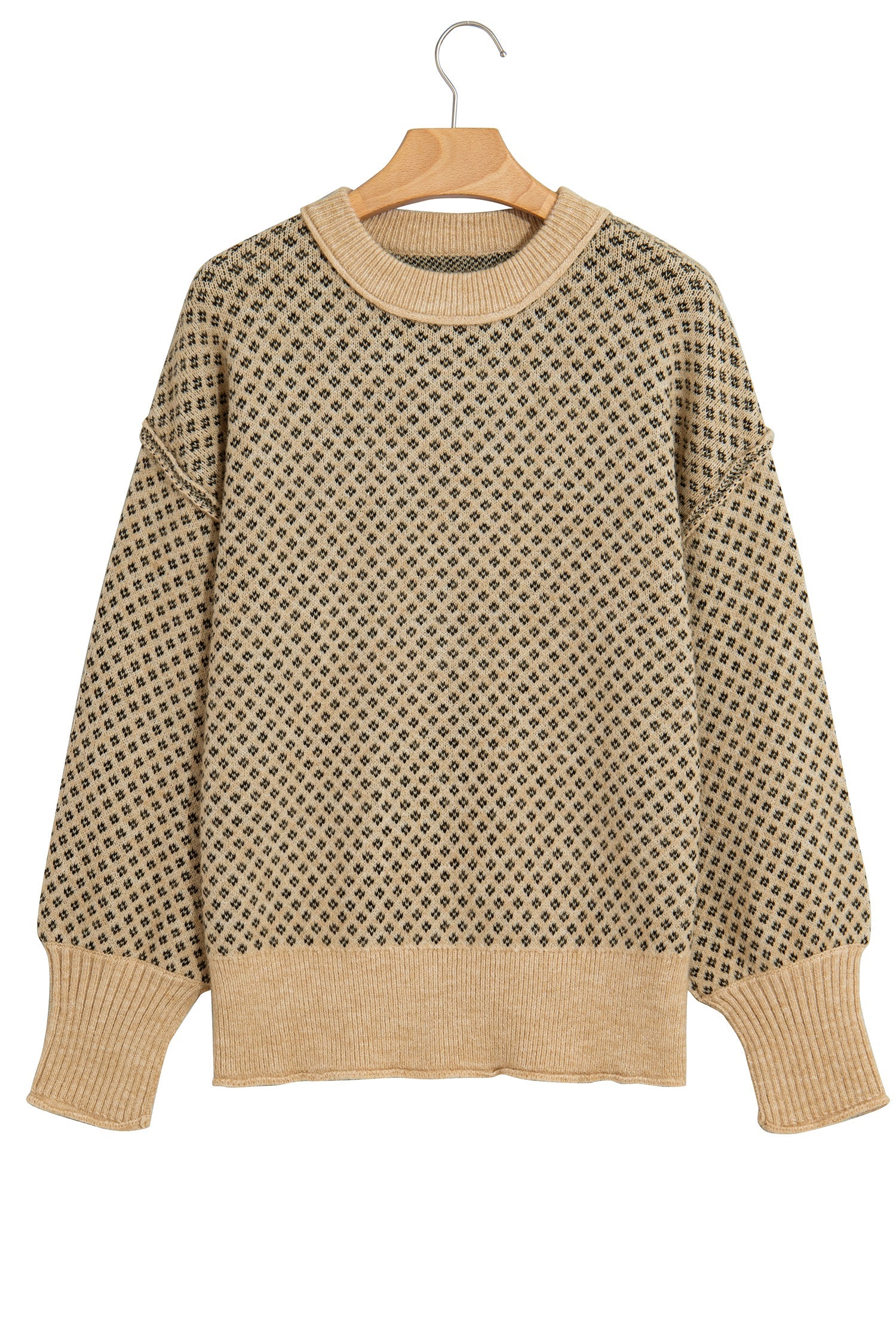 Khaki Geometric Print Drop Shoulder Round Neck Long Sleeve Sweater