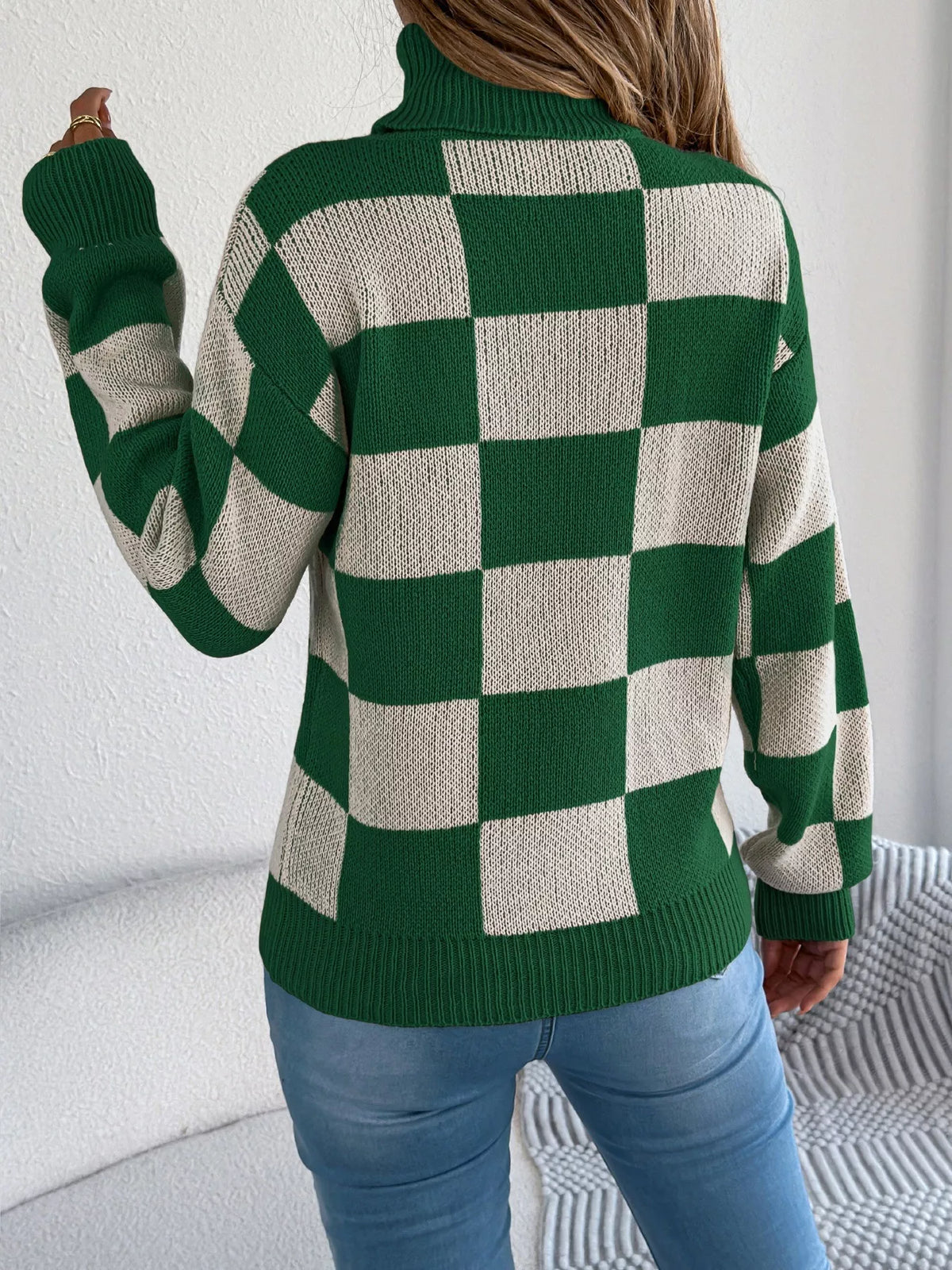 Checkered Turtleneck Long Sleeve Sweater