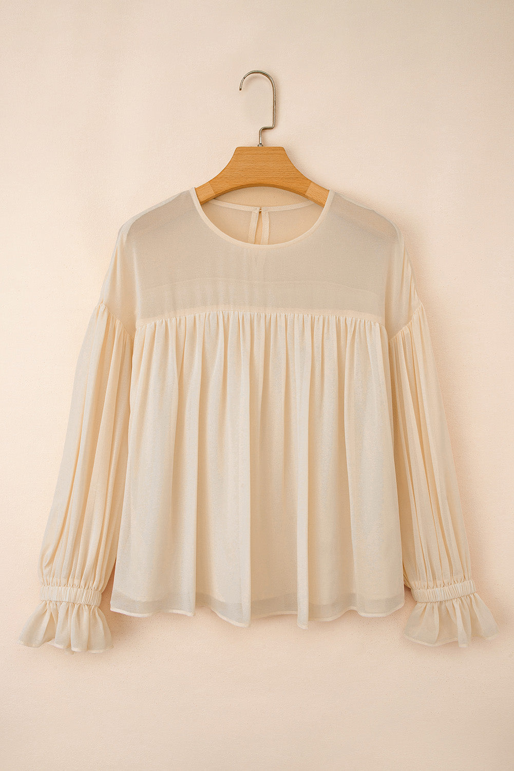 Solid Chiffon Pleated Ruffle Long Sleeve Blouse