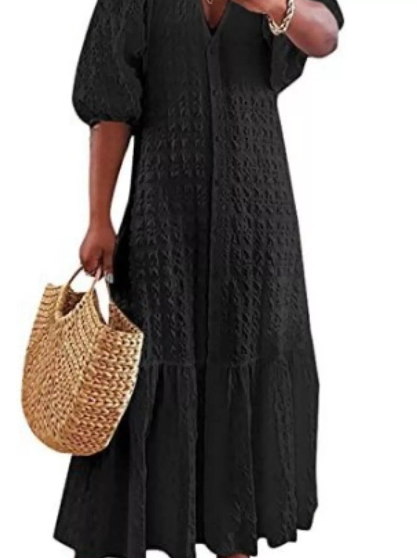 Full Size Elegant Puff Sleeve Textured Maxi Dress Plus Size