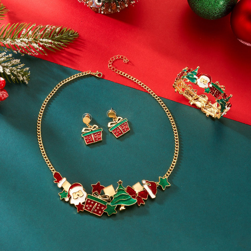 European And American Cross-Border Christmas Gifts Christmas Necklace Bracelet Earrings Set Female Cute Cartoon Bracelet Holiday Jewelry