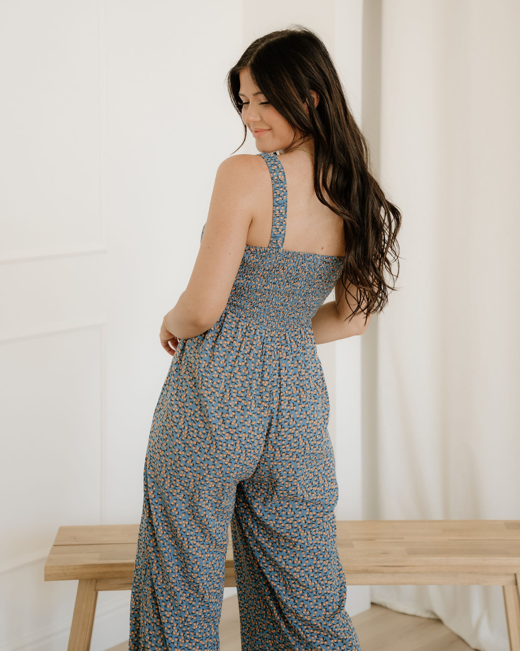 Angelica Square Neckline Stretch High Waist Jumper - Blue Floral