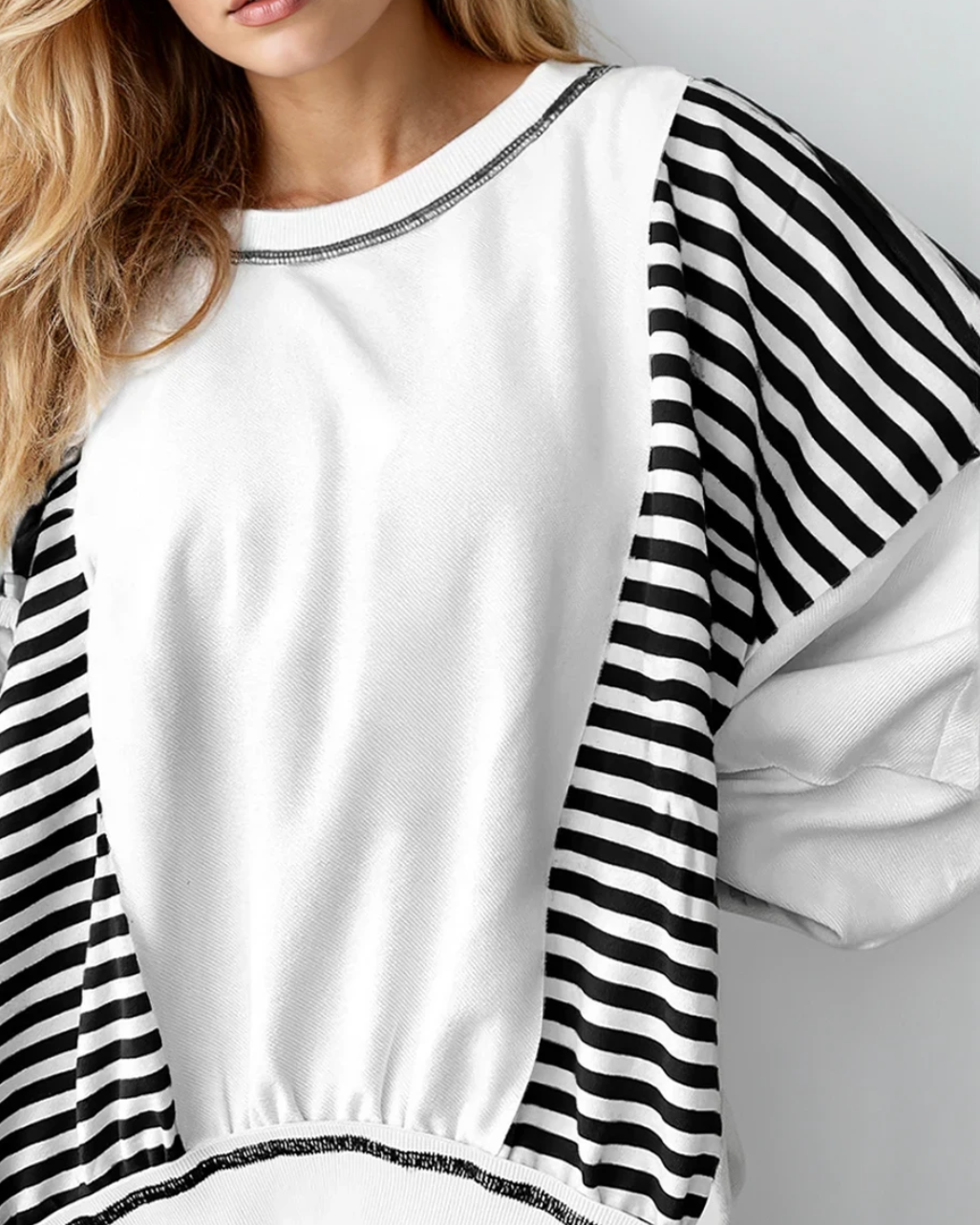 Sophie Striped Colorblock Patchwork Oversized Sweatshirt - Black