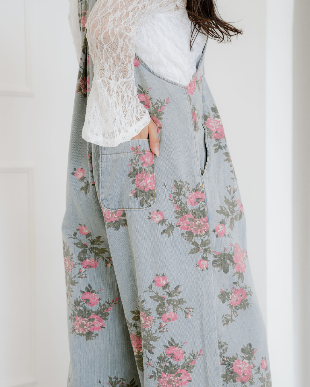 Floral Pleated Wide Leg Denim Overalls