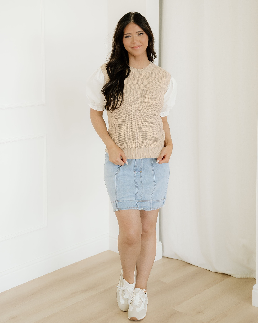 Seraphina Round Neck Knit Contrast Short Sleeve Patchwork Sweater Top
