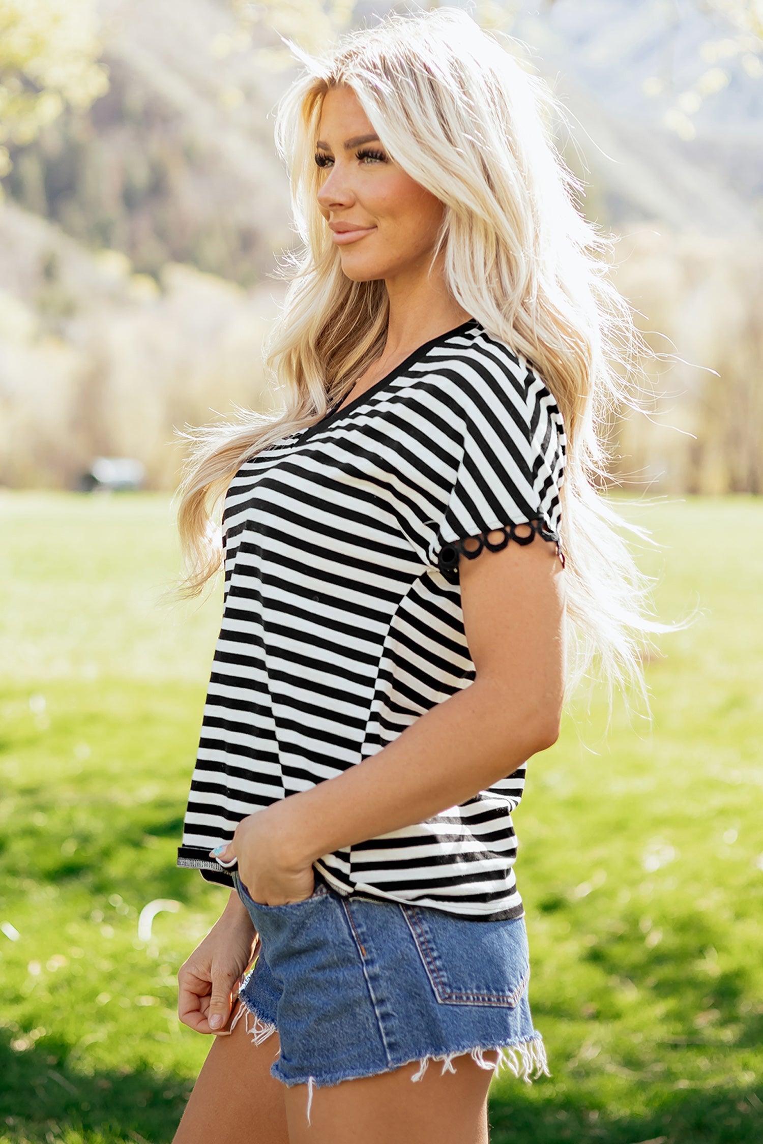 Black Striped Print V Neck Delicate Trim Casual Tee
