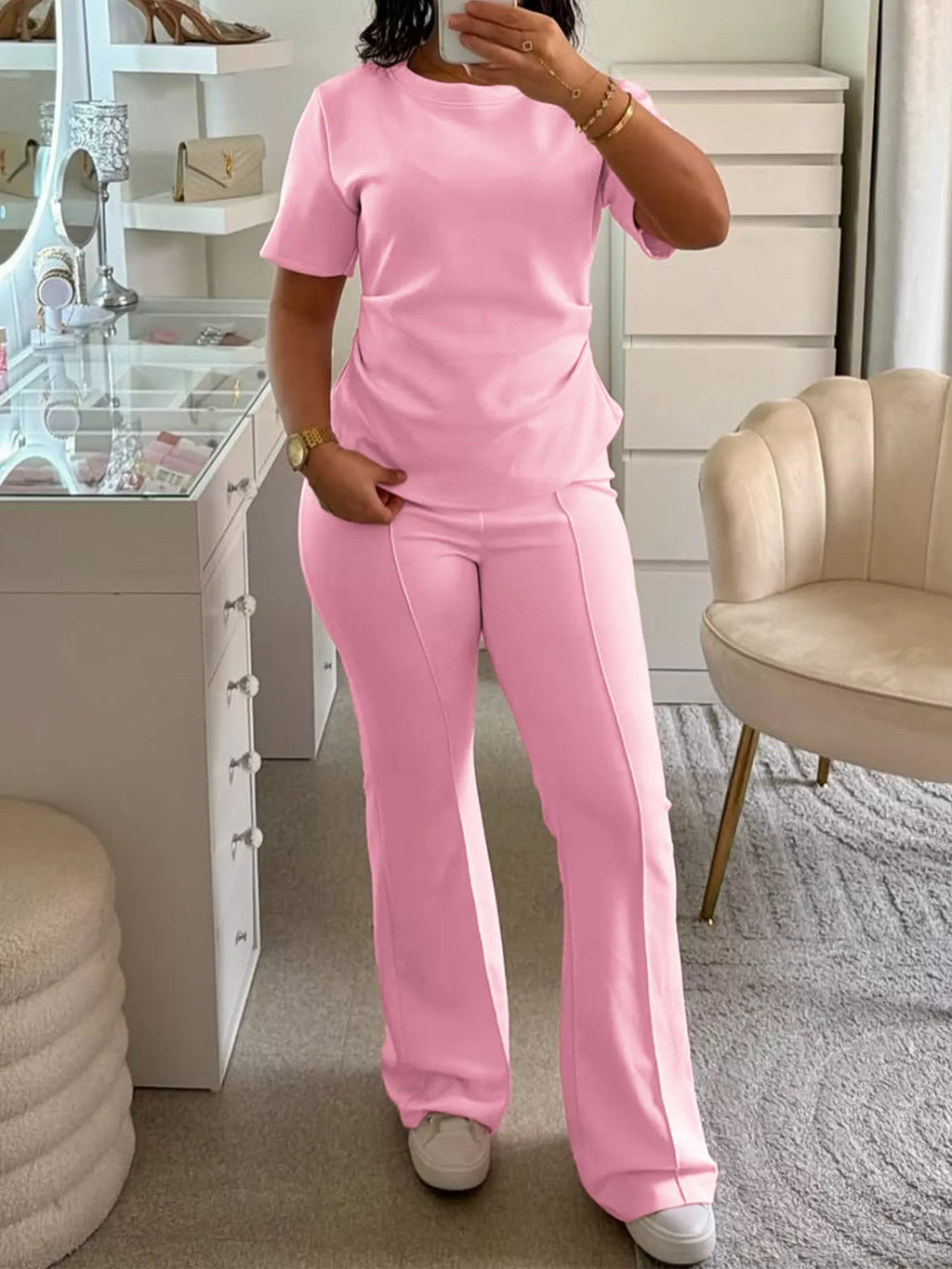 Round Neck Short Sleeve Top and Pants Set