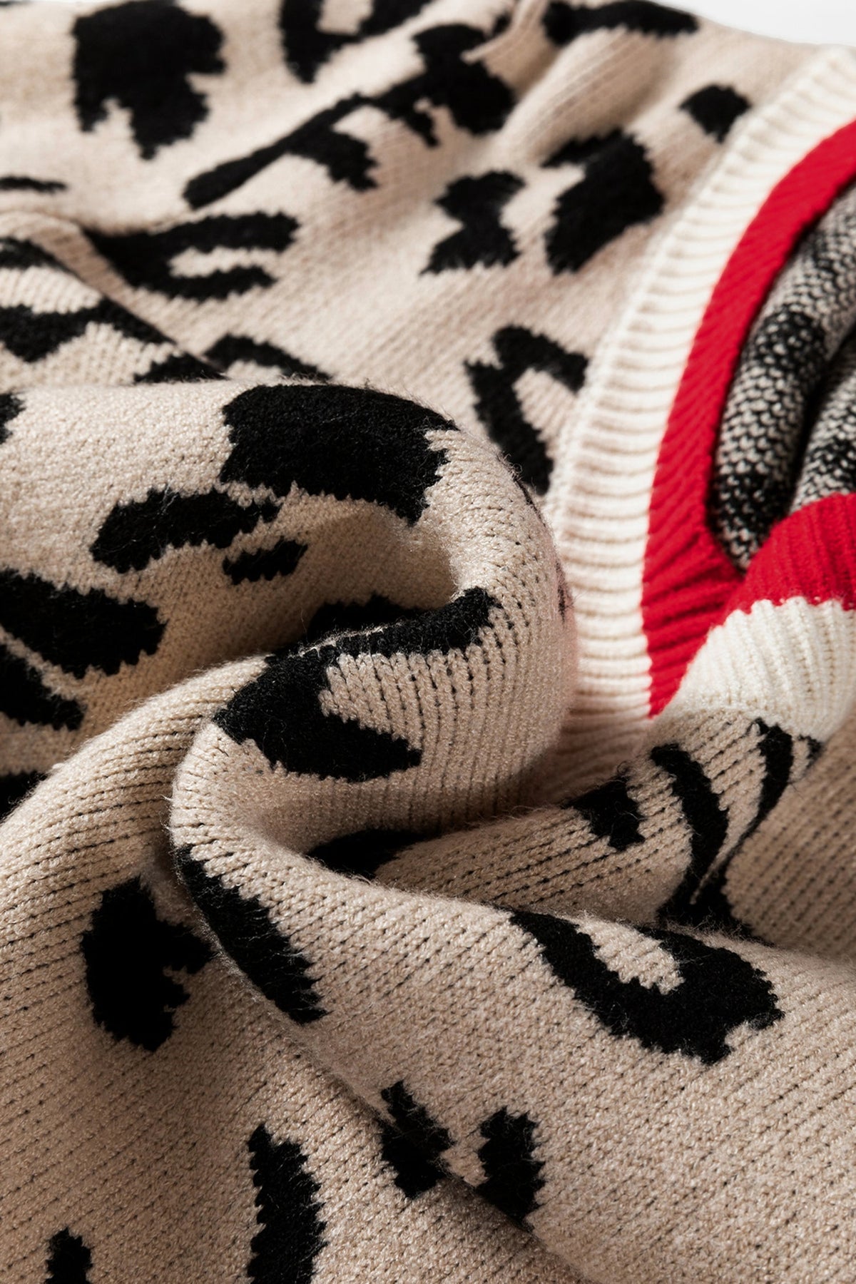 Leopard Contrast Stripe Ribbed Knit V-Neck Sweater