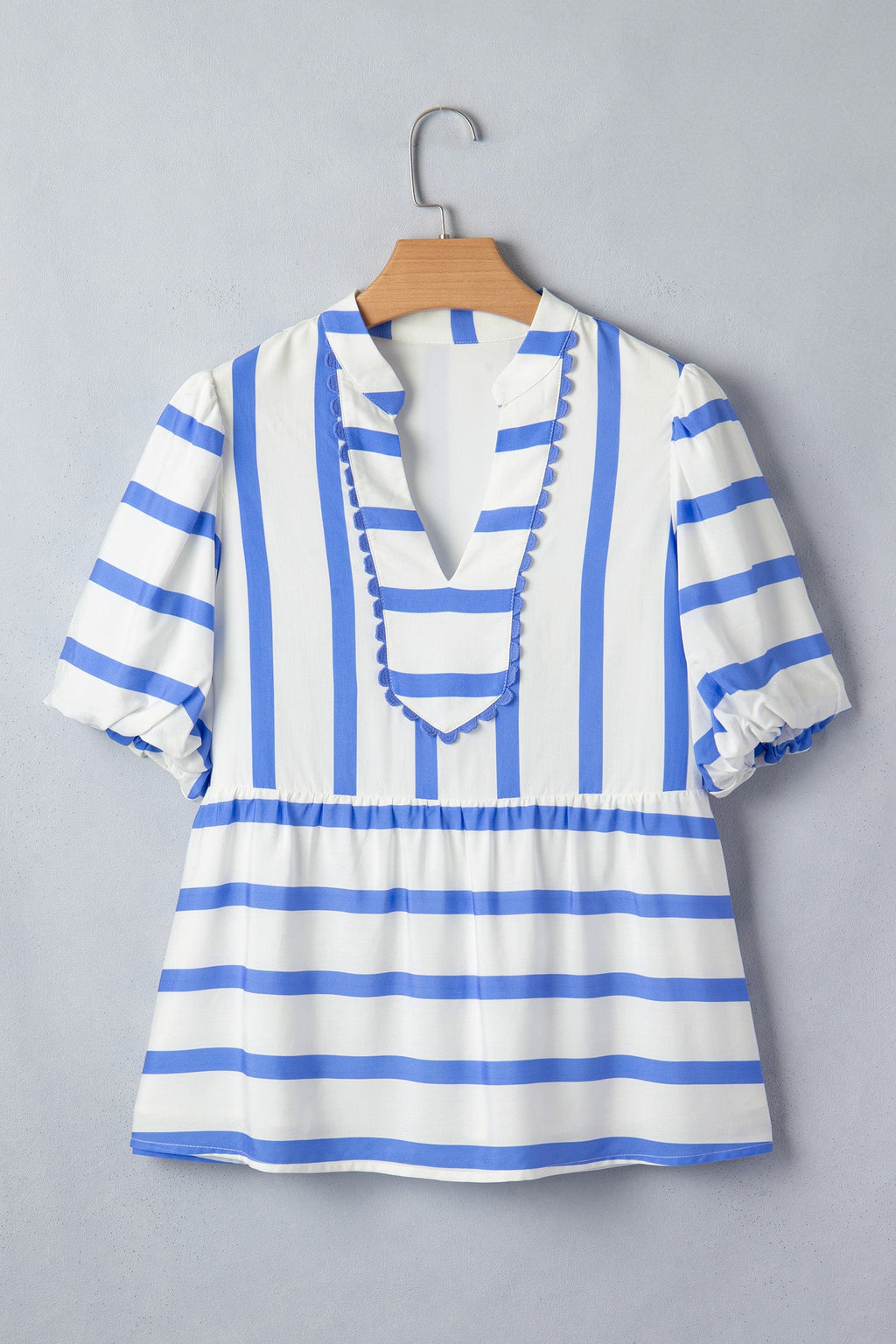 Sky Blue Stripe Split V Neck Puff Sleeve Summer Blouse