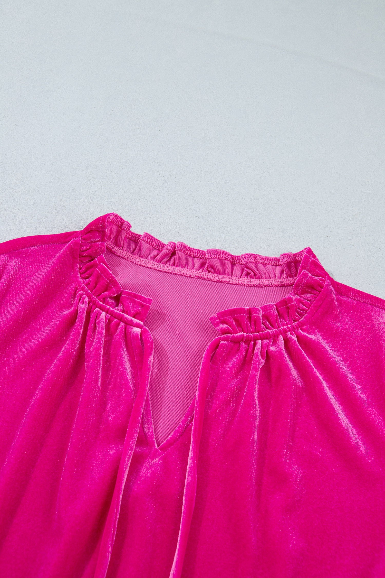 Strawberry Pink V Neck Velvet Ruffled Cuffs Hem Long Sleeve Top