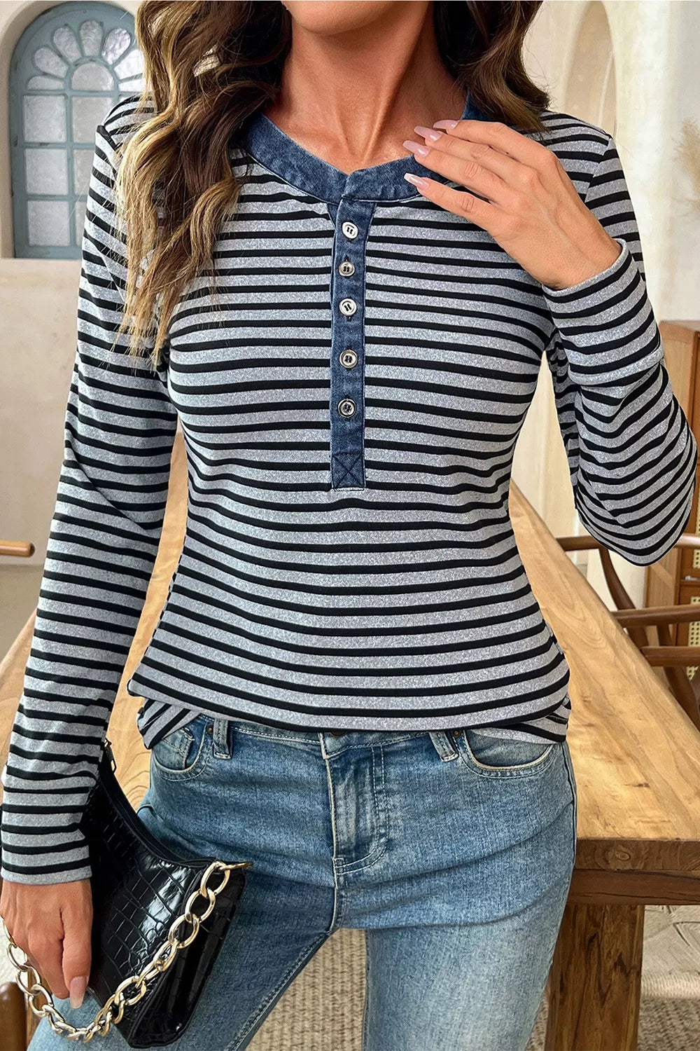 Stripe Denim Contrast Collar Half Button Long Sleeve Top